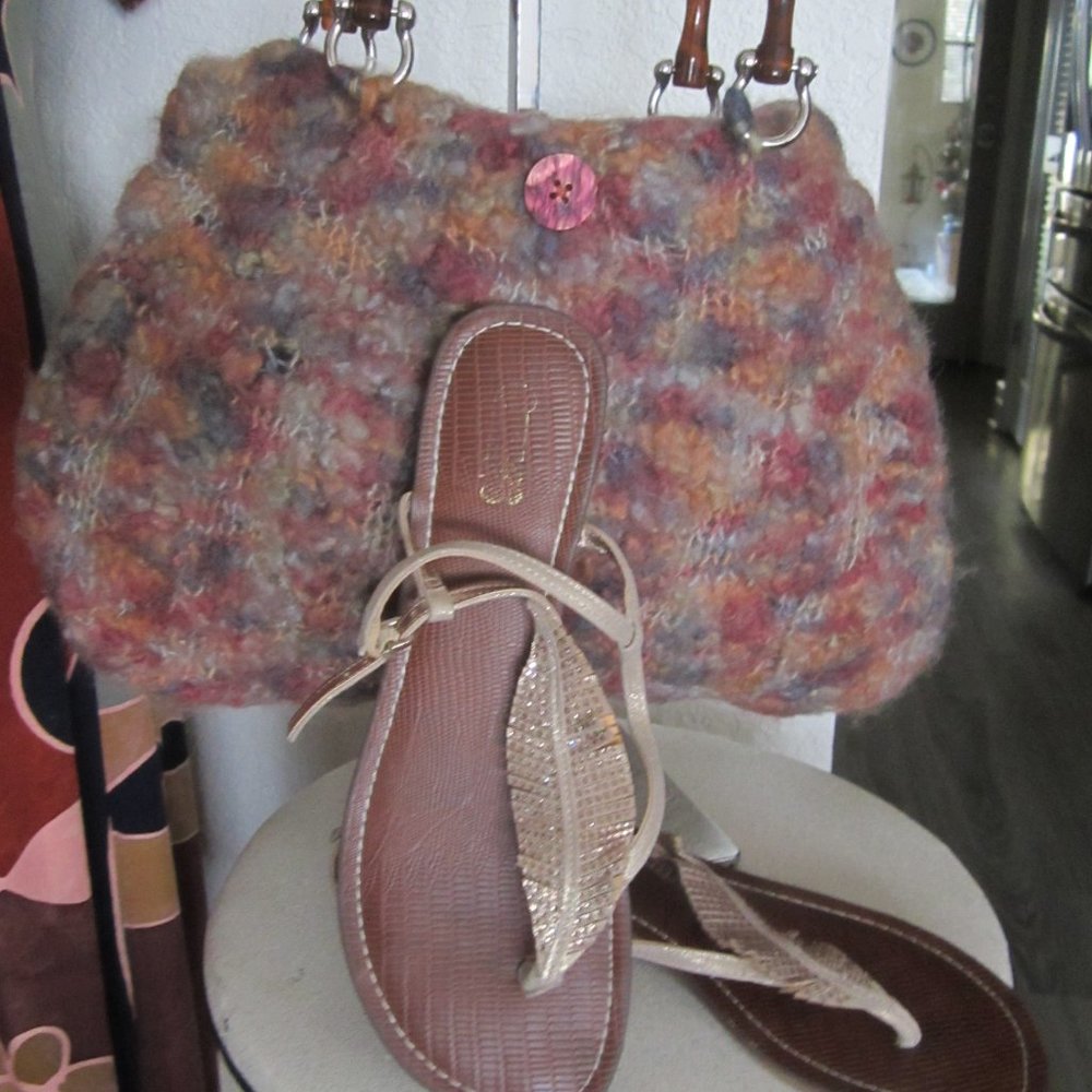 Hand Knit Multi Color Purse with Tortoise Handles